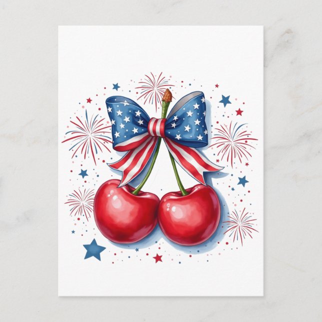 Kirschen mit Coquette Bow 4. Juli Amerikaner Postkarte (Vorderseite)