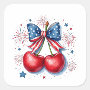 Kirschen mit Coquette Bow 4. Juli Amerikaner Quadratischer Aufkleber