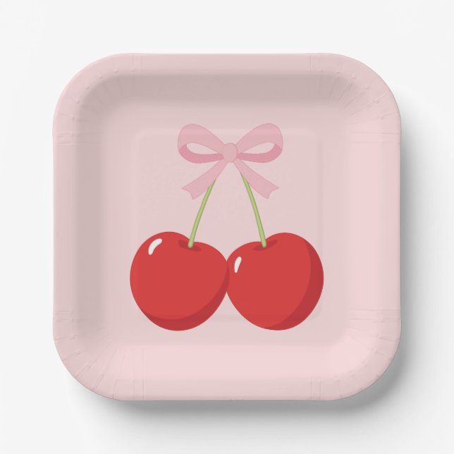 Kirschen mit Pink Bow Coquette Geburtstagsparty Pappteller (Vorderseite)