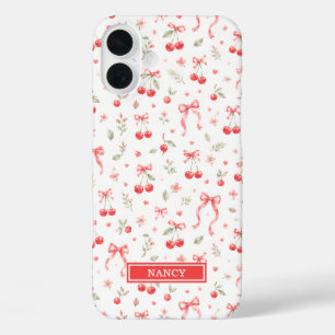 Kirschen mit roten Coquette-Schleifen monogrammier iPhone 16 Plus Hülle