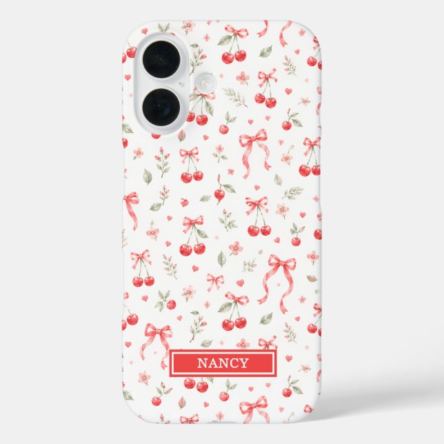 Kirschen mit roten Coquette-Schleifen monogrammier Case-Mate iPhone Hülle (Rückseite)