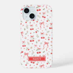 Kirschen mit roten Coquette-Schleifen monogrammier iPhone 15 Hülle
