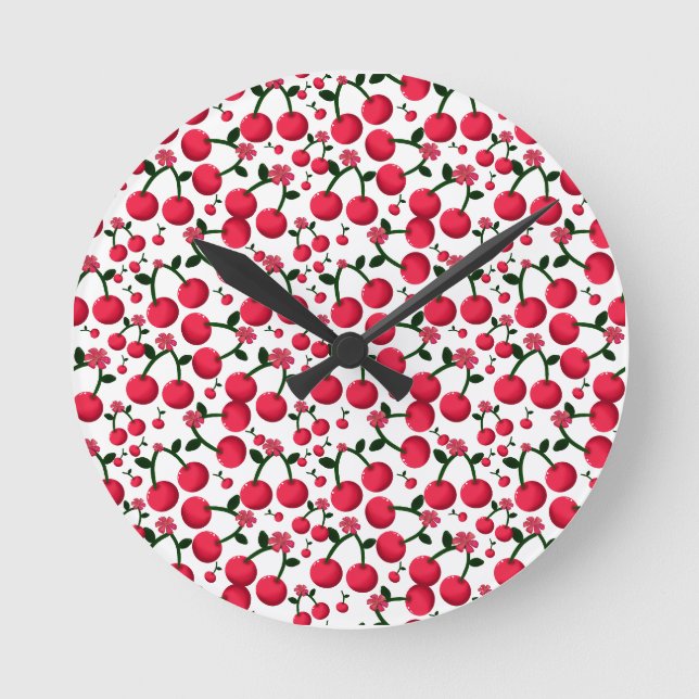 Kirschen Nahtloses Muster, Rotes Früchte-Muster, Runde Wanduhr (Vorderseite)