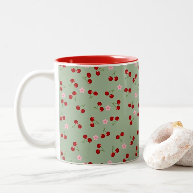Kirschen und Blume Zweifarbige Tasse (Mit Donut)