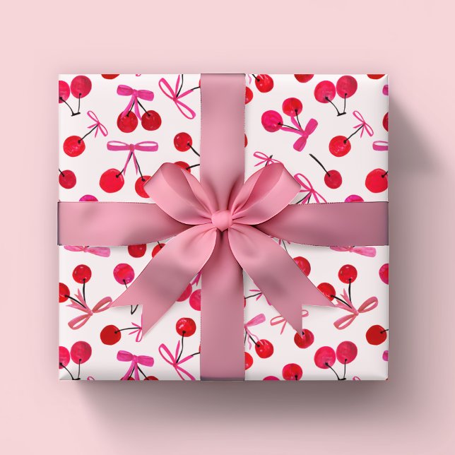 Kirschen und Bogen Geschenkpapier Set (Coquette cherry and bow girly pattern wrapping paper rolls. Great for girls birthday or baby shower.)