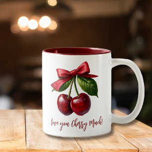 Kirschen und eine Bow-Liebe, die man viel herry. Zweifarbige Tasse