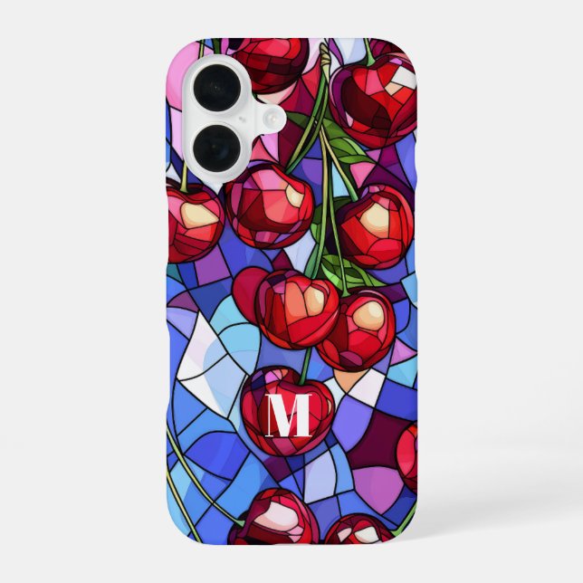 Kirschfrucht-Buntglas-Monogramm iPhone 16 Hülle (Rückseite)