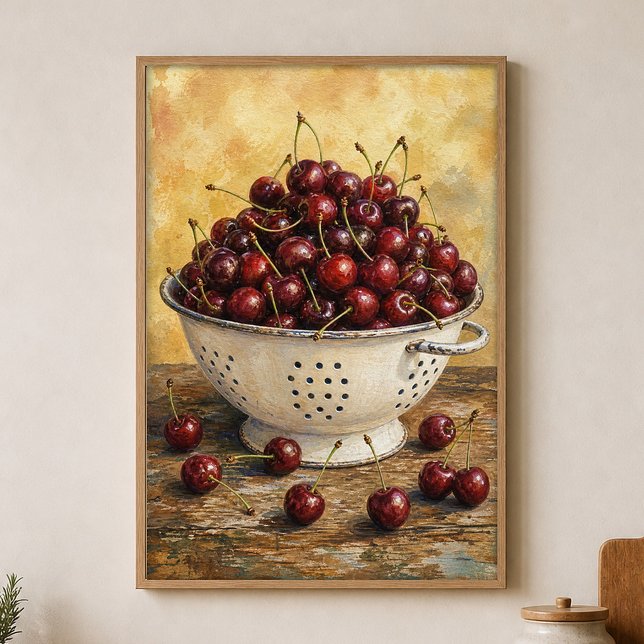 Kirschfrüchte in einem Sieb Wasserfarbenposter Poster (Shown framed for scale. Poster ships unframed; frames are an optional add-on.)