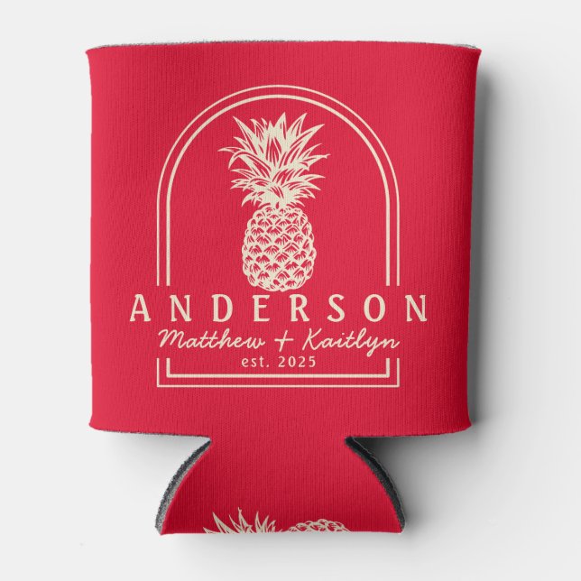 Kirschpickende rosa Ananas Hochzeitsbogen & Name Dosenkühler (Vorderseite)