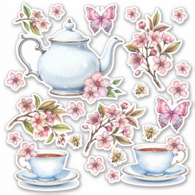 Kirschrosa Blütenblumenfeld mit Tee Aufkleber (Vorderseite)