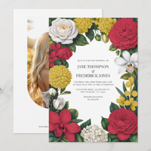 Kirschrot, Weiß und Gold Blumenhochzeit Einladung