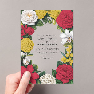 Kirschrot, Weiß und Gold Florale Hochzeit Acryleinladungen