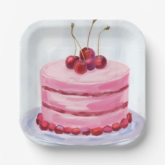 Kirschroter Kuchen Wasserfarben Feier Party Pappteller (Vorderseite)
