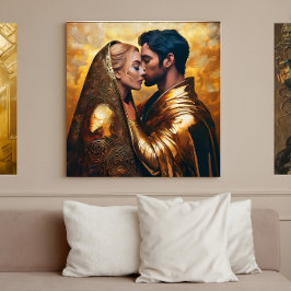Kiss Between Lovers on Golden Background | Vintag Poster