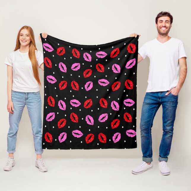 Kiss Lips Pink Red and Hearts Fleece Blanket BLK (Beispiel)