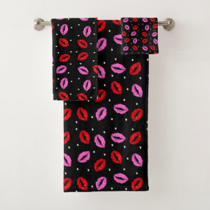 Kiss Lips Pink Red Hearts Set Handtuch - BLK