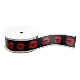 Kiss Lips Red Lipstick Black Valentine Glitzer Ripsband