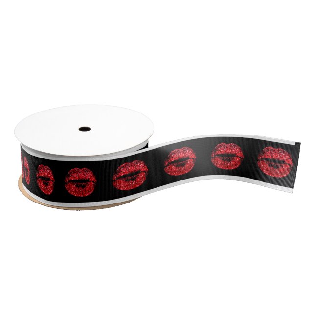 Kiss Lips Red Lipstick Black Valentine Glitzer Ripsband (Spule)