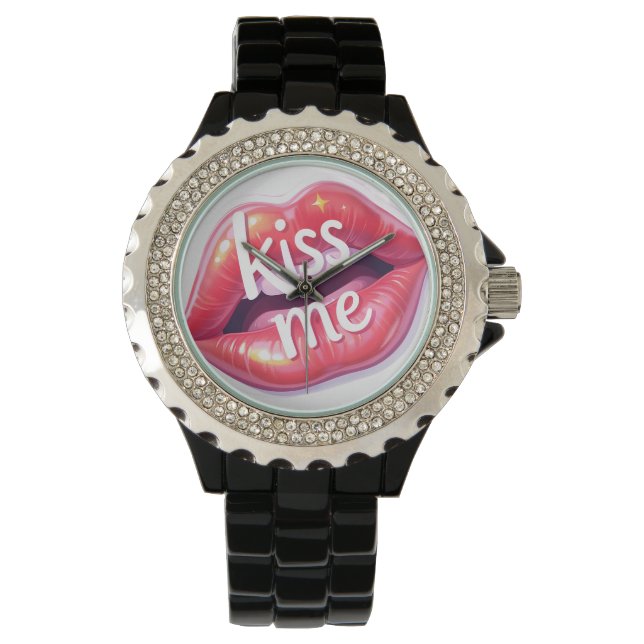 Kiss Me Glossy Red Lips Art Illustration Armbanduhr (Vorderseite)