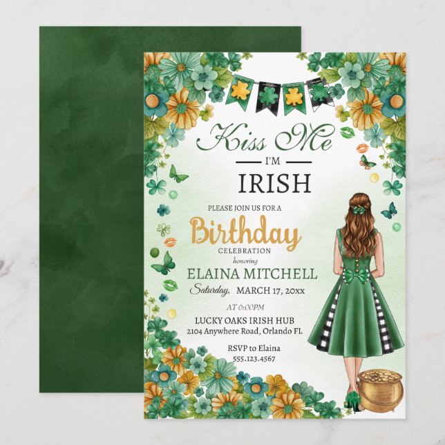 Kiss Me Ich bin Irish Girl Green Dress St. Patrick Einladung (Vorne/Hinten)
