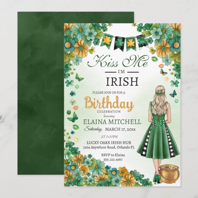 Kiss Me Ich bin Irish Girl Green Dress St. Patrick Einladung (Vorne/Hinten)