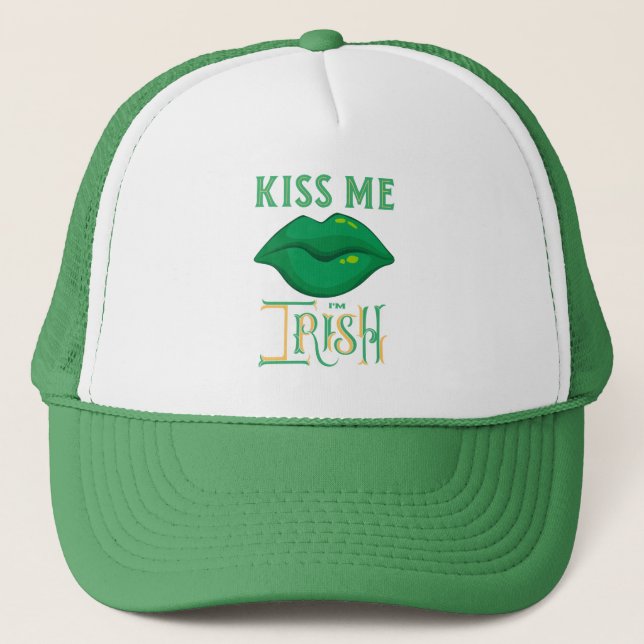 Kiss Me Ich bin Irish St. Patrick's Day Green Klee Truckerkappe (Vorderseite)