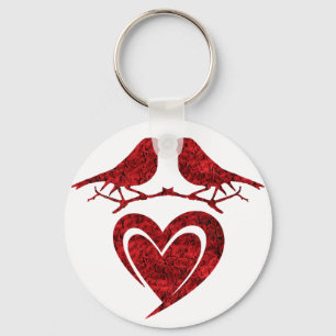 Kiss of Birds Keychain - Heart with Red Roses Schlüsselanhänger
