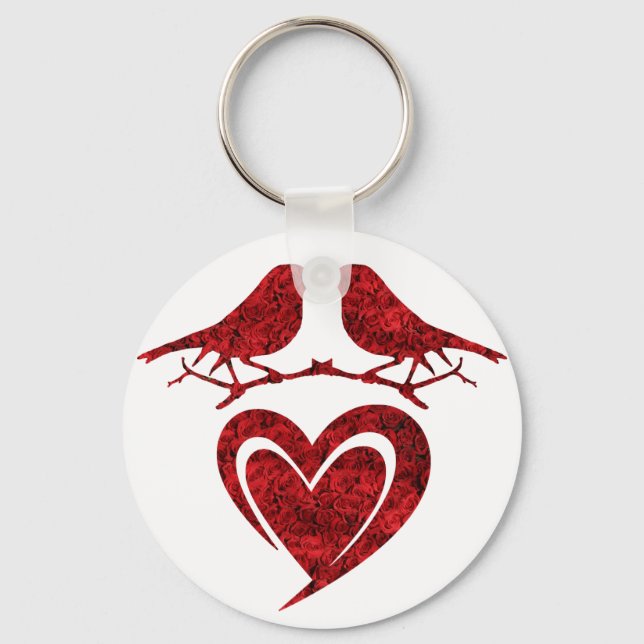 Kiss of Birds Keychain - Heart with Red Roses Schlüsselanhänger (Vorderseite)