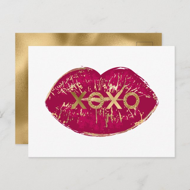 Kiss Red Lips Gold Glitzer XOXO Postkarte (Vorne/Hinten)