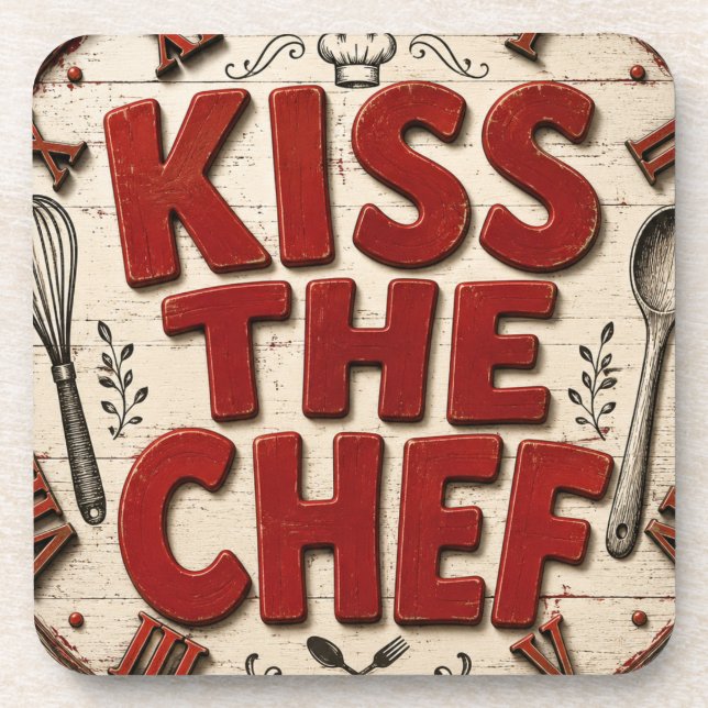 Kiss the Chef Rustic Farmhouse Kitchen Getränkeuntersetzer (Vorderseite)