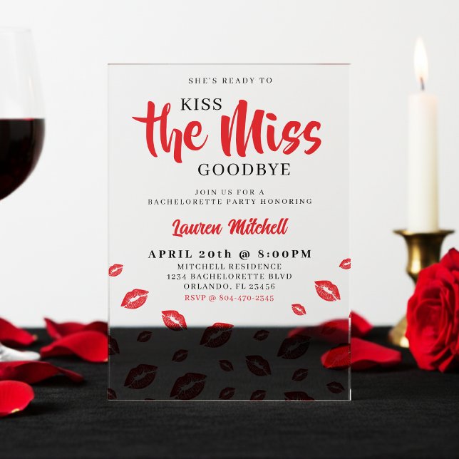 Kiss the Miss Goodbye Red Lip Bachelorette Party Acryleinladungen (Von Creator hochgeladen)