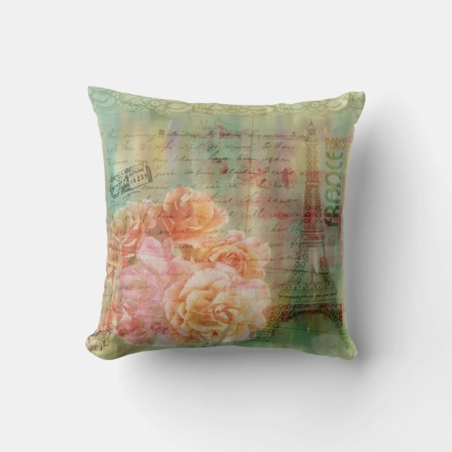 Kissen des weisen Grüns mit Vintagen collaged (Vorderseite)