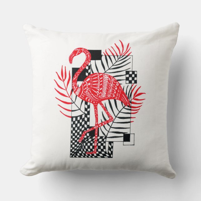 Kissen mit Flamingo-Muster und tropischen Blätter (Vorderseite)