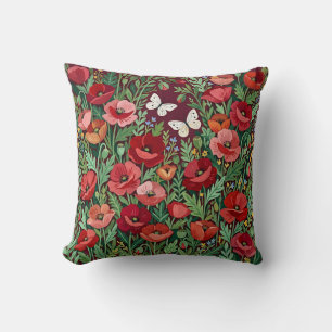 Kissen mit Mohn-Garten-Motiv – Schmetterlinge