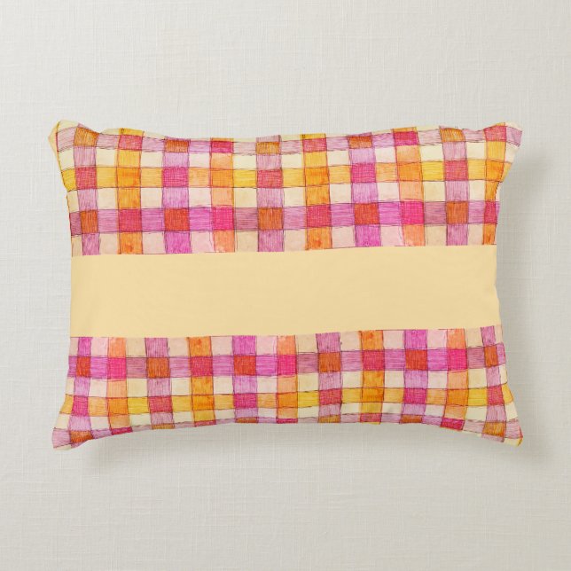 Kissen mit rosa Orange- und cremefarbenem Gingham- (Vorderseite)