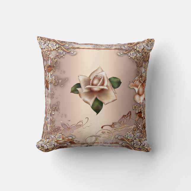 Kissen Rose Beige Creme Gold Floral (Vorderseite)