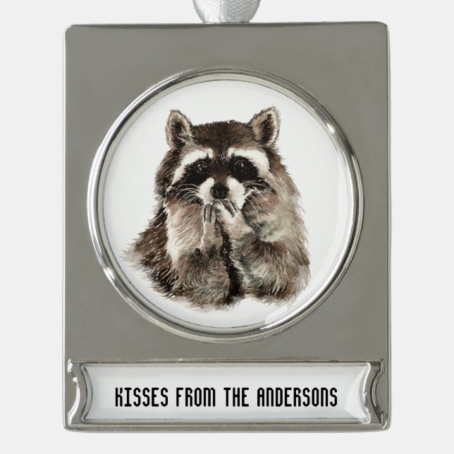 Kisses from Individuelle Name Fun Raccoon Banner-Ornament Silber (Vorderseite)