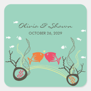 Kissing Fish Corals Beach Whimsical Niedlich Weddi Quadratischer Aufkleber