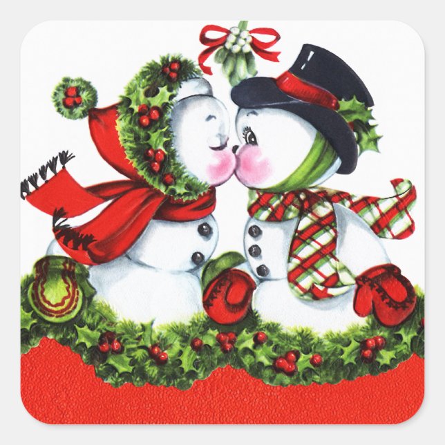 Kissing Snowman Couple Quadratischer Aufkleber (Vorderseite)