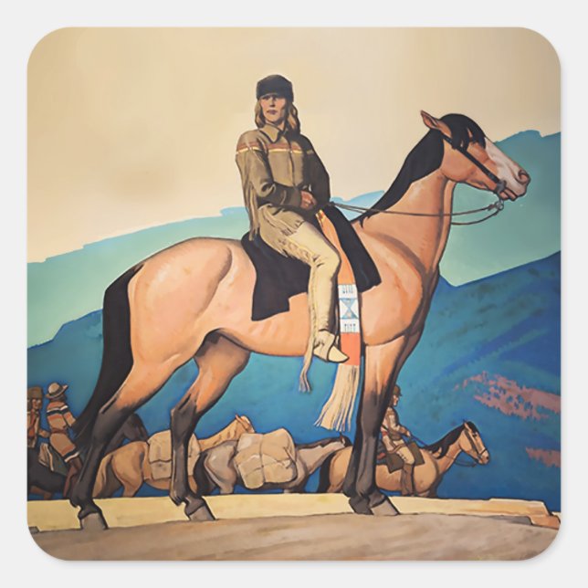 Kit Carson with Mountain Men von Maynard Dixon Quadratischer Aufkleber (Vorderseite)