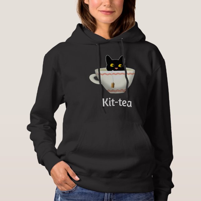 Kit Tea  Cat  , Cute Black Cat Kitty in Kittea Hoodie (Vorderseite)