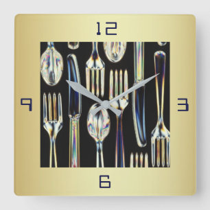 KITCHEN CLOCK WITH KNIVES FORKS AND SPOONS QUADRATISCHE WANDUHR
