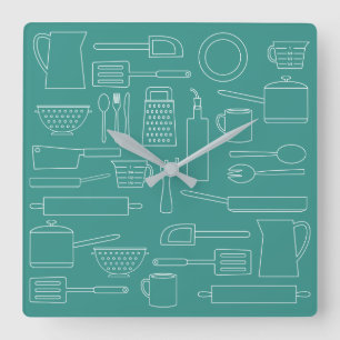 Kitchen Cooking Utensils Theme Teal Kitchen Clock Quadratische Wanduhr