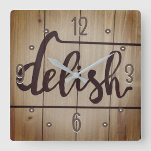 Kitchen Graphics Word DELISH Rustic Brown Quadratische Wanduhr