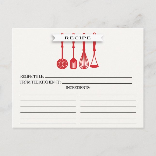 Kitchen Red Utensils Brautparty Recipe Cards Postkarte (Vorderseite)