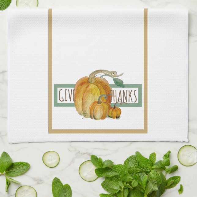 Kitchen Towel - Give Thanks | Watercolor Pumpkins  Geschirrtuch (Gefaltet)