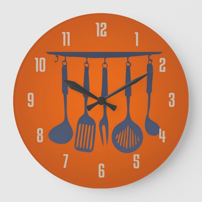 Kitchen Utensils Orange Kitchen Clock Große Wanduhr (Vorderseite)