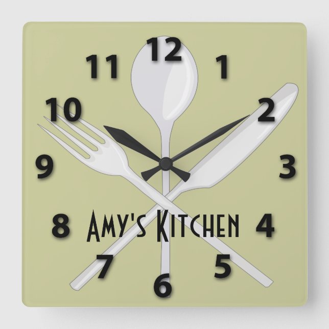 Kitchen Utensils Square Wall Clock Quadratische Wanduhr (Vorderseite)