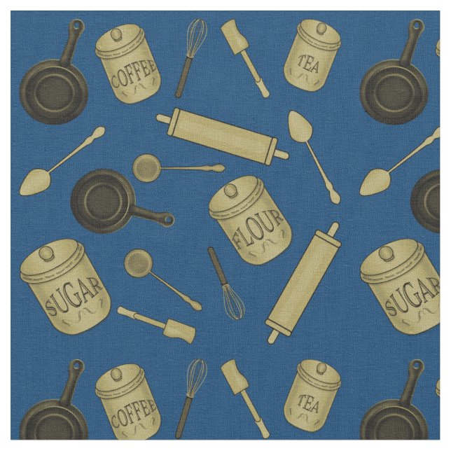 Kitchen Utensitern Muster - Sepia auf Dunkelblau Stoff (Nahaufnahme)