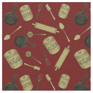 Kitchen Utensits Muster - Sepia auf Dunkelrot Stoff